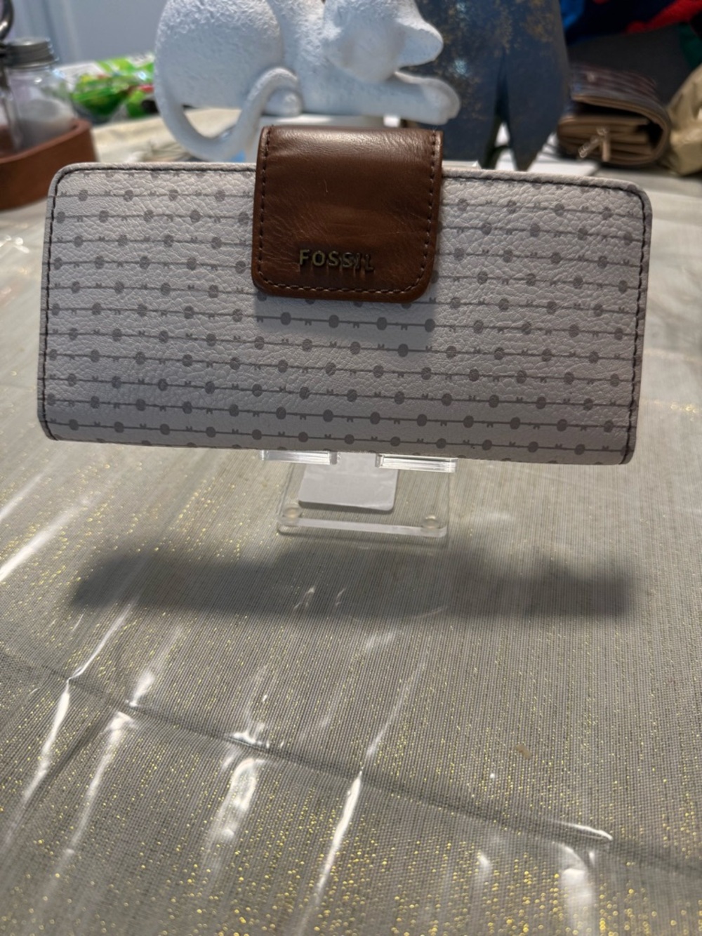 Fossil Gray Patterned Wallet with Brown Snap Flap